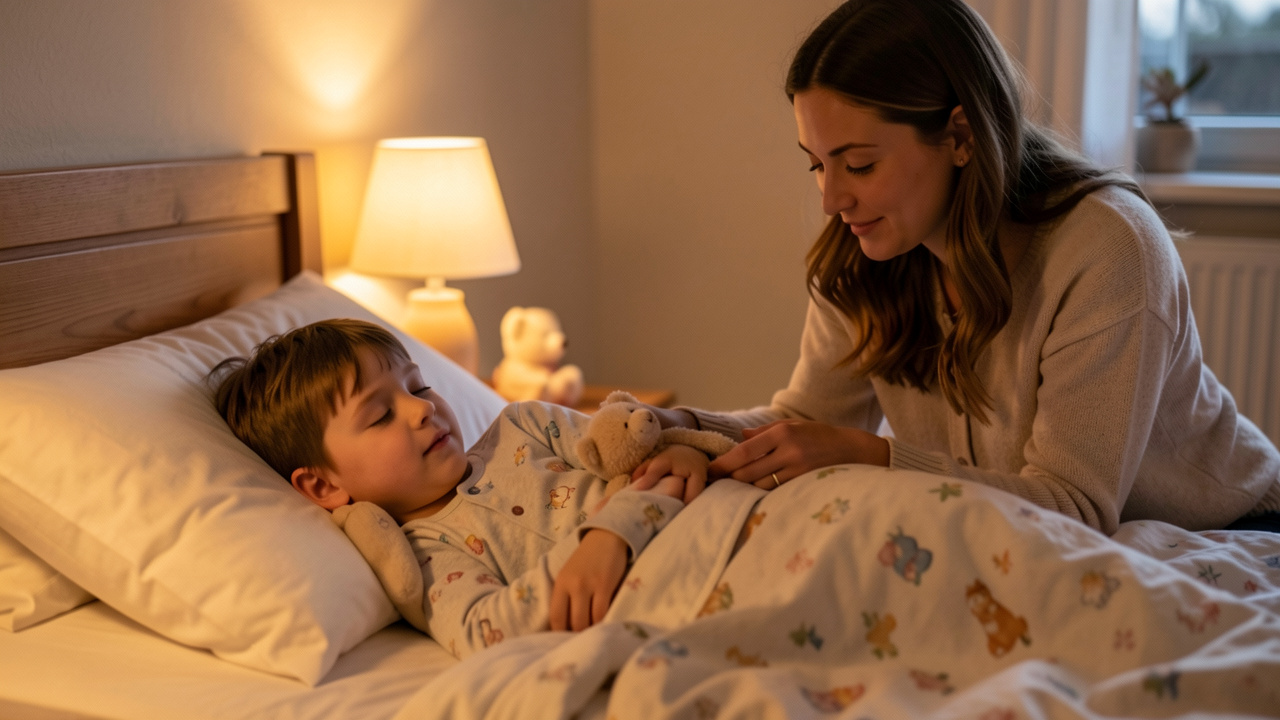 Un petit garçon de trois ans se calme dans son lit pendant qu’une femme bienveillante l’accompagne dans une routine apaisante du soir.