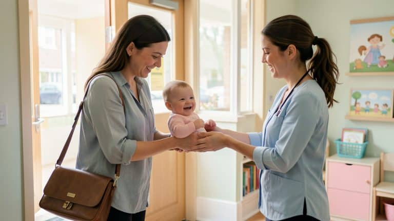 Une jeune mère reprend le travail en confiant son bébé souriant à une professionnelle dans une crèche accueillante.