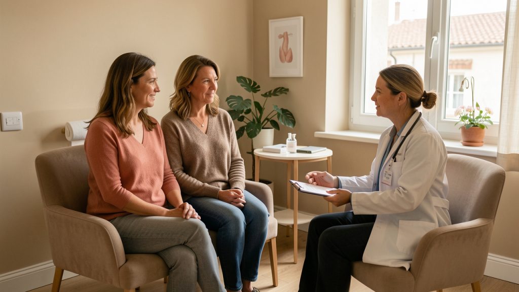 Deux femmes en couple et une femme seule échangent sereinement avec une médecin dans une salle chaleureuse d’un centre de fertilité.