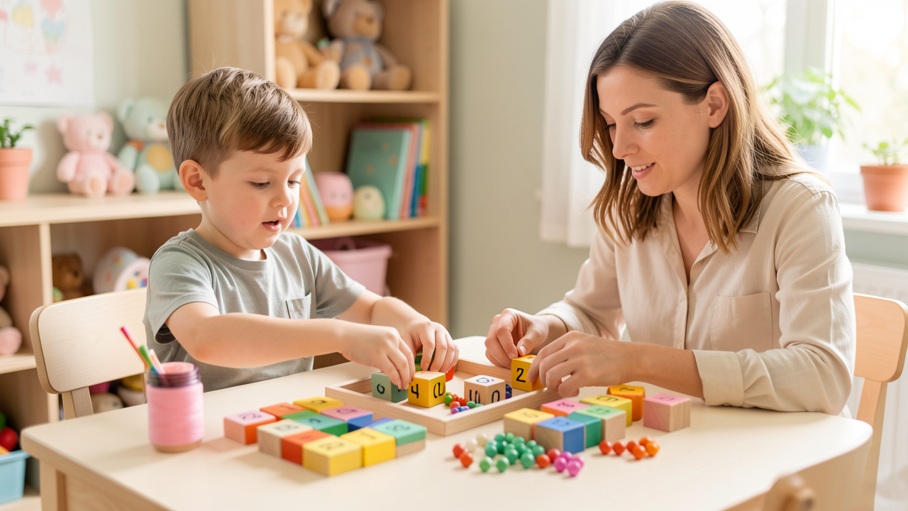 Un jeune garçon et sa mère regroupent des cubes en bois et des perles colorées sur une table pour apprendre à décomposer un nombre.