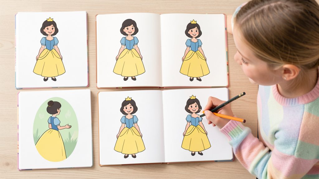 Une enfant souriante dessine étape par étape une princesse de conte aux cheveux courts et foncés dans un carnet, avec plusieurs étapes visuelles allant des formes simples au personnage terminé.