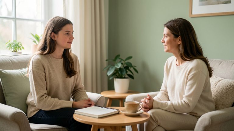 Une adolescente échange calmement avec une conseillère dans un espace privé et accueillant, dans une atmosphère de confiance et d’écoute.
