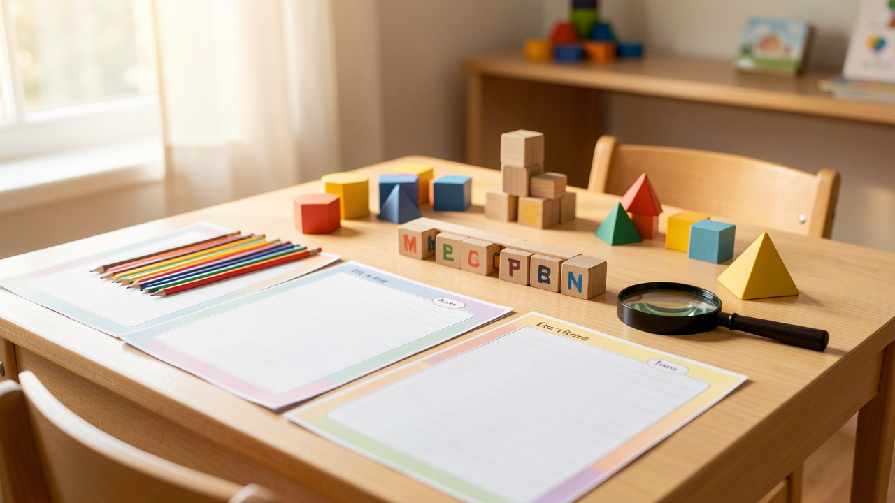 Table scolaire colorée avec des fiches d’activités vierges, des crayons, des cubes de comptage et des formes géométriques pour l’apprentissage en primaire.