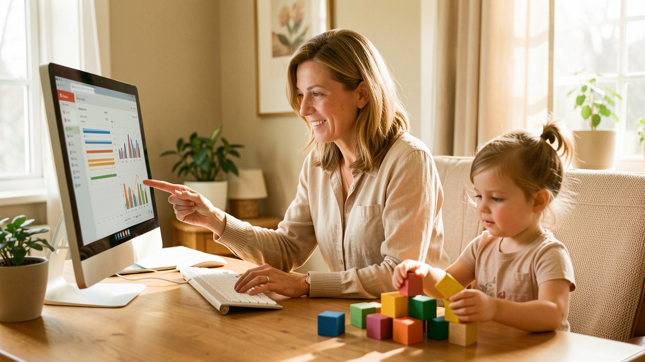 Une mère consulte son relevé de retraite sur un ordinateur tandis que sa jeune fille joue avec des cubes colorés dans un intérieur lumineux et chaleureux.