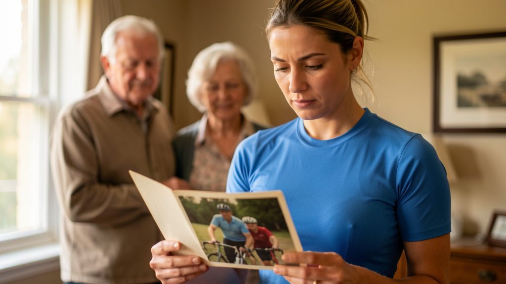 Une jeune cycliste professionnelle observe une ancienne photographie de famille dans une atmosphère évoquant les origines et la transmission du nom familial.