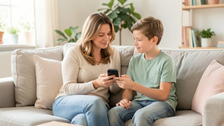 Une mère et son fils d’environ 11 ans discutent calmement autour d’un téléphone basique dans un salon lumineux et accueillant.