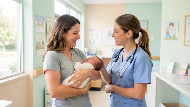 Une mère tient son bébé dans ses bras et échange avec une infirmière puéricultrice dans un centre de santé lumineux et rassurant.