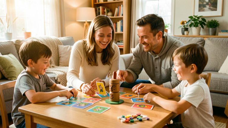 Une famille souriante prépare ensemble un jeu de table avec des cartes colorées et un totem en bois dans un salon chaleureux.