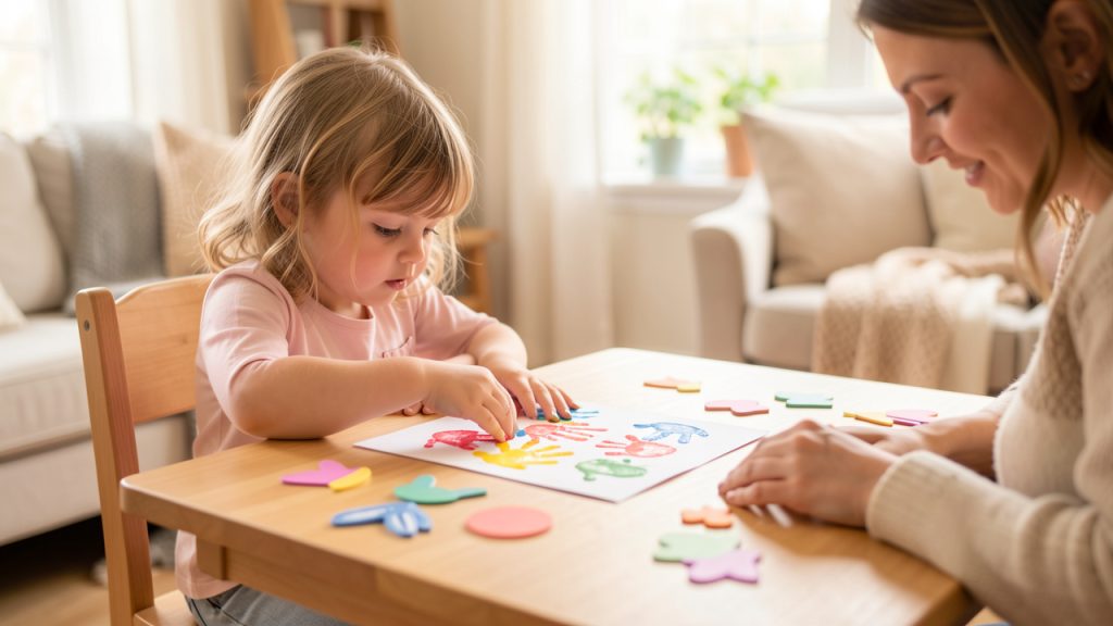 Une jeune fille réalise une carte colorée avec une empreinte de main, accompagnée de sa mère autour d’une table lumineuse dans une ambiance familiale douce.