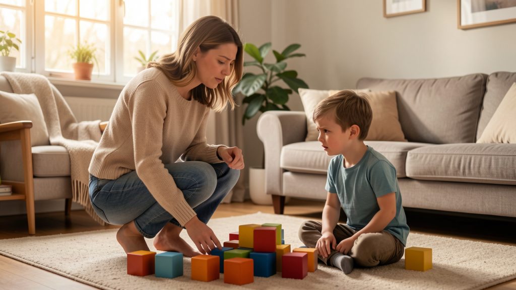 Une mère calme s’accroupit à la hauteur d’une fille et d’un garçon qui ne sont pas d’accord près de jouets colorés dans un salon chaleureux.