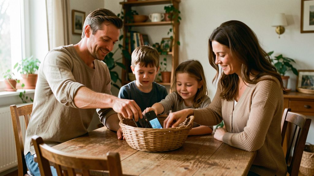 Une famille française composée de deux parents et de deux enfants dépose ses smartphones dans un panier posé sur la table, dans une ambiance chaleureuse et naturelle.