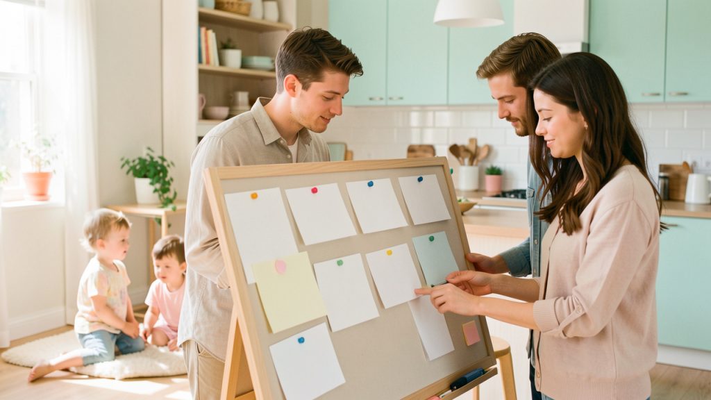 Jeune couple de parents organisant la vie familiale dans une cuisine lumineuse, tandis que deux jeunes enfants jouent doucement à l’arrière-plan.