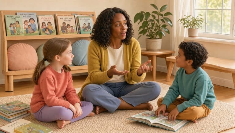 Une mère échange chaleureusement avec une fille et un garçon dans un salon lumineux entouré de livres illustrés inclusifs.